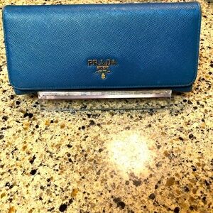 Prada Blue Saffiano Leather Flap Continental Wallet